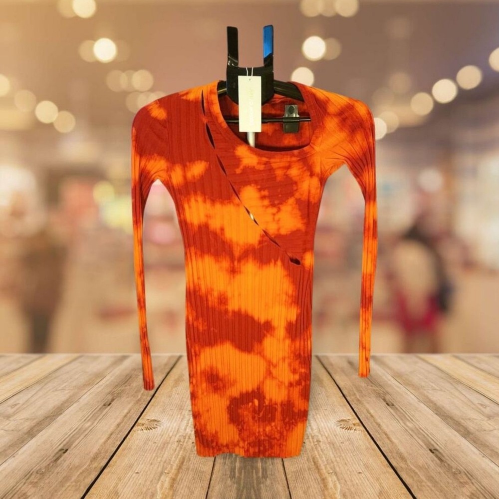 COTTON CITIZEN Tie Dye Ribbed Long Sleeve Cutout‎ Mini Dress Orange Red